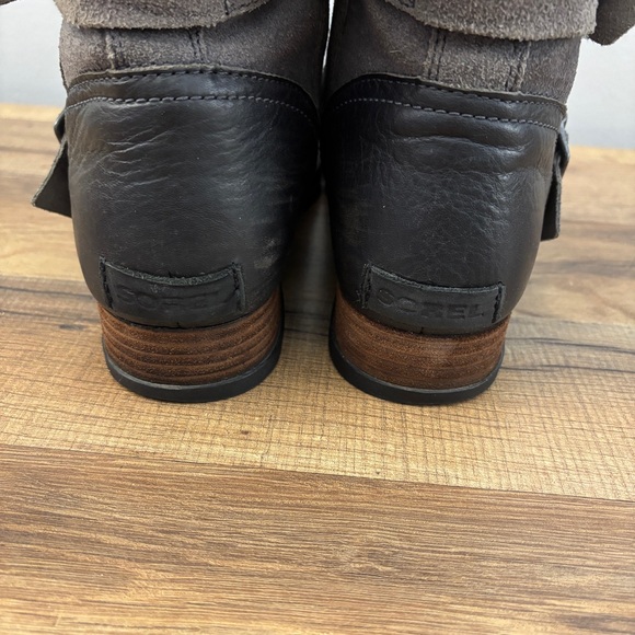 Sorel Major Moto Leather Mid Calf Biker Boots Gray Suede Black Leather Women’s - Picture 9 of 12